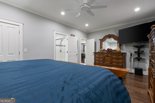 1967 Cogar Dr, Decatur, GA 30032 - bedroom featuring wood finished floors, crown molding, recessed lighting, ceiling fan, and a walk in closet
