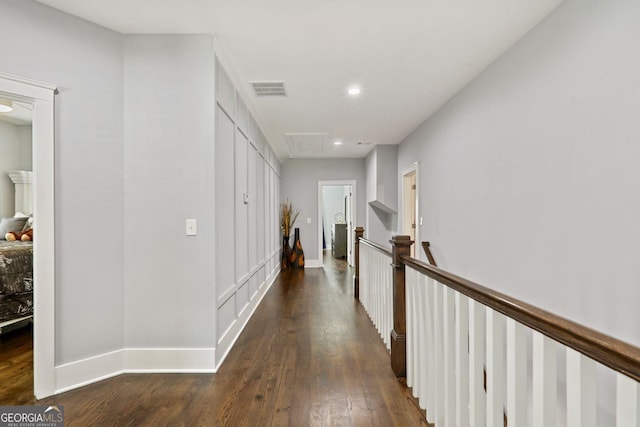 1967 Cogar Dr, Decatur, GA 30032 - corridor with hardwood / wood-style flooring, attic access, recessed lighting, and an upstairs landing