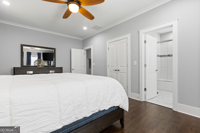 1967 Cogar Dr, Decatur, GA 30032 - bedroom featuring wood finished floors, crown molding, recessed lighting, ensuite bath, and ceiling fan