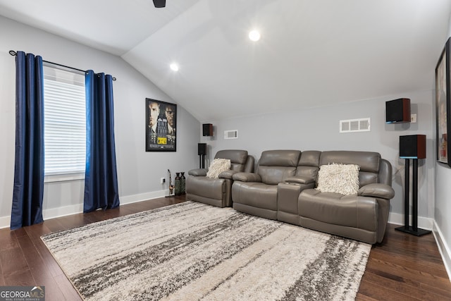 1967 Cogar Dr, Decatur, GA 30032 - home theater room with vaulted ceiling, hardwood / wood-style floors, ceiling fan, and recessed lighting