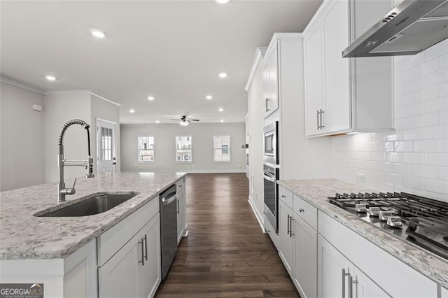 3382 Monarch Ave, Duluth, GA 30096 - kitchen featuring extractor fan, appliances with stainless steel finishes, recessed lighting, white cabinetry, and crown molding