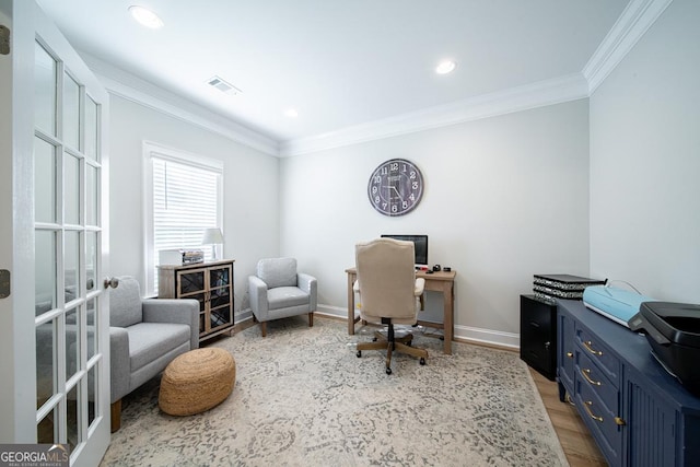 96 Cypress Trl, Fortson, GA 31808 - office space with wood finished floors, crown molding, recessed lighting, and french doors