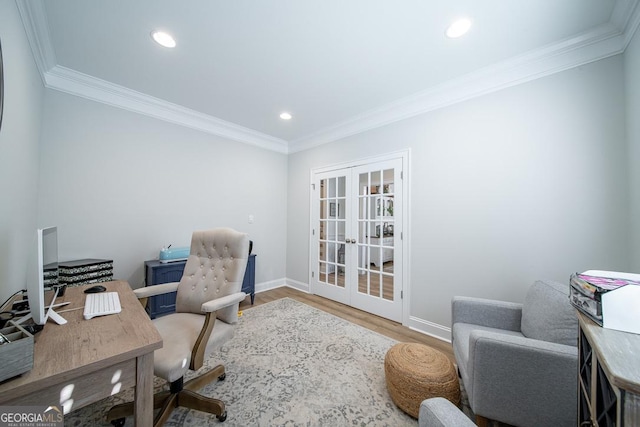 96 Cypress Trl, Fortson, GA 31808 - home office featuring ornamental molding, french doors, wood finished floors, and recessed lighting