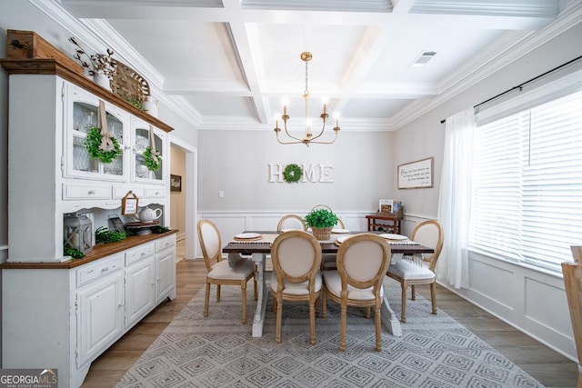 96 Cypress Trl, Fortson, GA 31808 - dining room featuring a chandelier, light wood finished floors, beamed ceiling, coffered ceiling, and a wainscoted wall