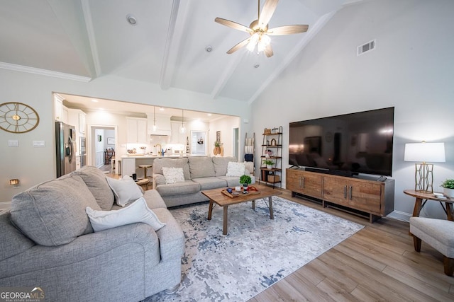 96 Cypress Trl, Fortson, GA 31808 - living room featuring light wood-type flooring, high vaulted ceiling, a ceiling fan, and beamed ceiling