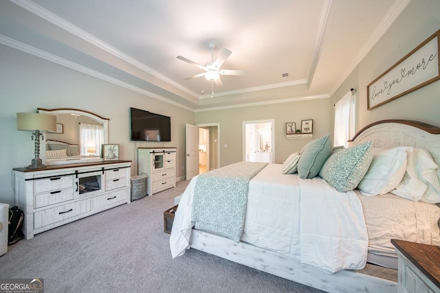 96 Cypress Trl, Fortson, GA 31808 - bedroom featuring a raised ceiling, carpet, ornamental molding, and ceiling fan