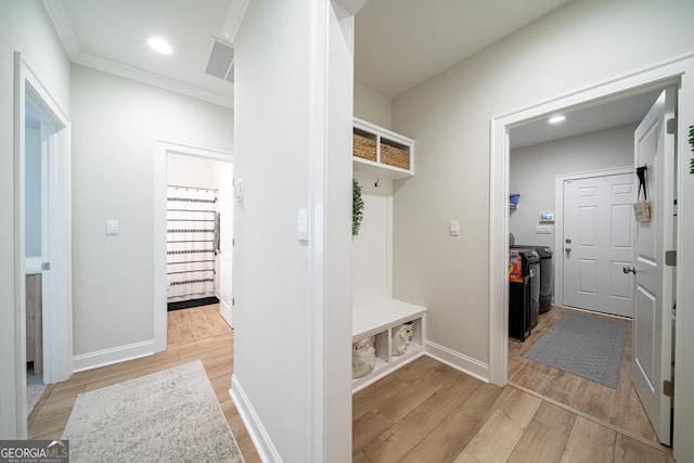 96 Cypress Trl, Fortson, GA 31808 - mudroom with light wood-style flooring, ornamental molding, and recessed lighting
