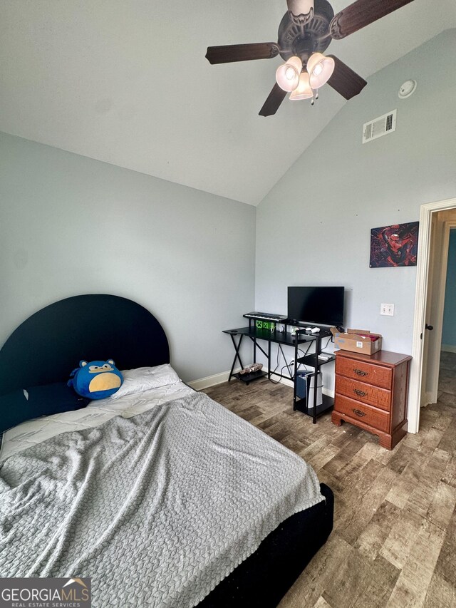 139 Raymond Cir, Warner Robins, GA 31088 - bedroom with wood finished floors, high vaulted ceiling, and a ceiling fan
