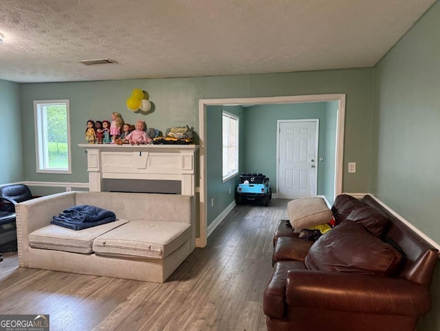 2433 Robin Ridge Dr, Dacula, GA 30019 - living area with hardwood / wood-style flooring, a textured ceiling, and a fireplace