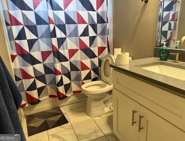 2433 Robin Ridge Dr, Dacula, GA 30019 - full bathroom with vanity, marble finish floors, and curtained shower