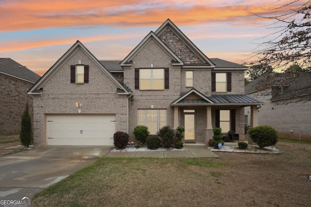 3225 Alhambra Cir, Hampton, GA 30228 - view of front of house with an attached garage, driveway, a porch, and brick siding