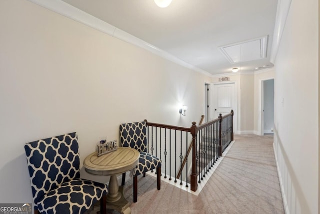 3225 Alhambra Cir, Hampton, GA 30228 - hallway featuring attic access, carpet, an upstairs landing, and ornamental molding