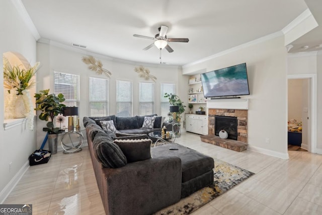 3225 Alhambra Cir, Hampton, GA 30228 - living area featuring crown molding, a ceiling fan, a stone fireplace, and light tile patterned floors