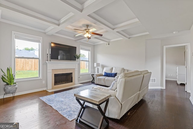 1238 New Liberty Way, Braselton, GA 30517 - living room featuring beam ceiling, dark wood-style flooring, a fireplace with flush hearth, ceiling fan, and coffered ceiling