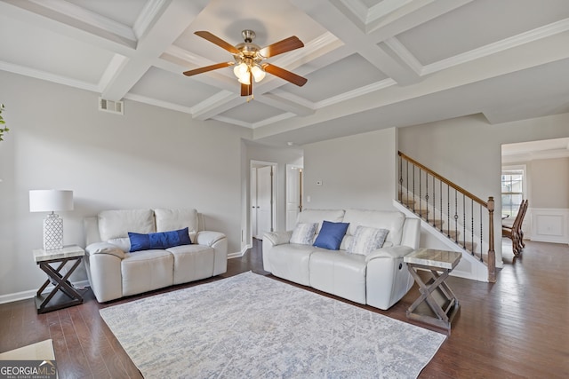 1238 New Liberty Way, Braselton, GA 30517 - living area with coffered ceiling, a ceiling fan, beamed ceiling, dark wood finished floors, and stairway