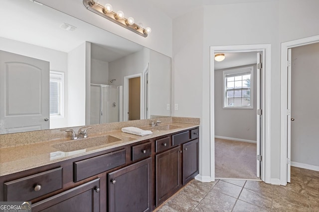 1238 New Liberty Way, Braselton, GA 30517 - bathroom with double vanity, a shower with door, and tile patterned floors