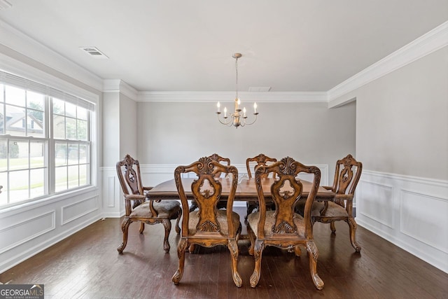 1238 New Liberty Way, Braselton, GA 30517 - dining room featuring a chandelier, a decorative wall, ornamental molding, dark wood finished floors, and a wainscoted wall