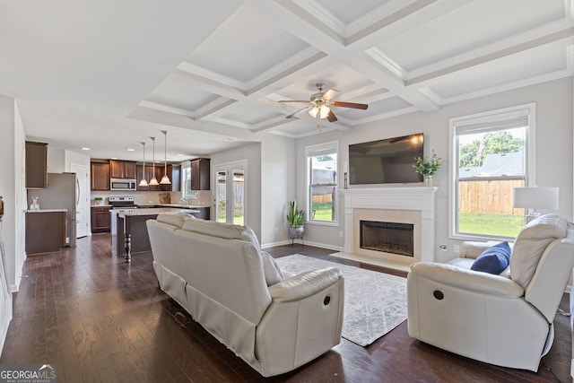 1238 New Liberty Way, Braselton, GA 30517 - living room with a fireplace with flush hearth, ceiling fan, beam ceiling, dark wood-type flooring, and recessed lighting