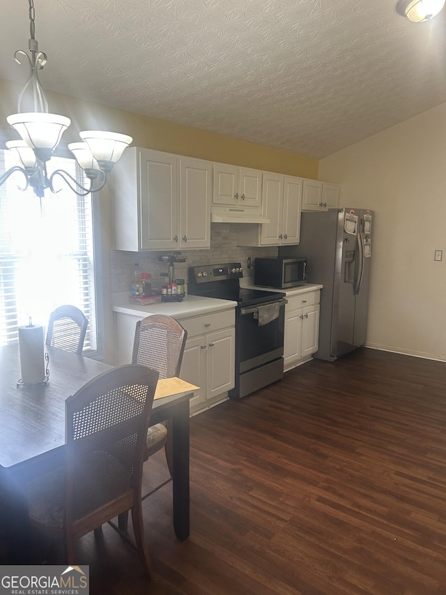 120 Silverbell Trce, Athens, GA 30606 - kitchen featuring stainless steel appliances, under cabinet range hood, dark wood-style flooring, light countertops, and white cabinetry