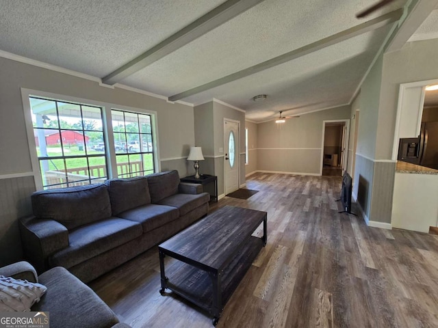 50 E College St, Royston, GA 30662 - living room with a textured ceiling, wood finished floors, ceiling fan, and wainscoting