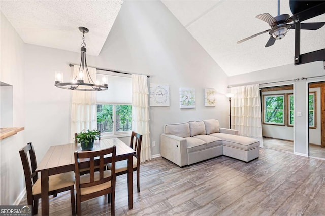 140 Indian Ridge Ct, Waleska, GA 30183 - dining space featuring a chandelier, a textured ceiling, ceiling fan, high vaulted ceiling, and light wood-type flooring