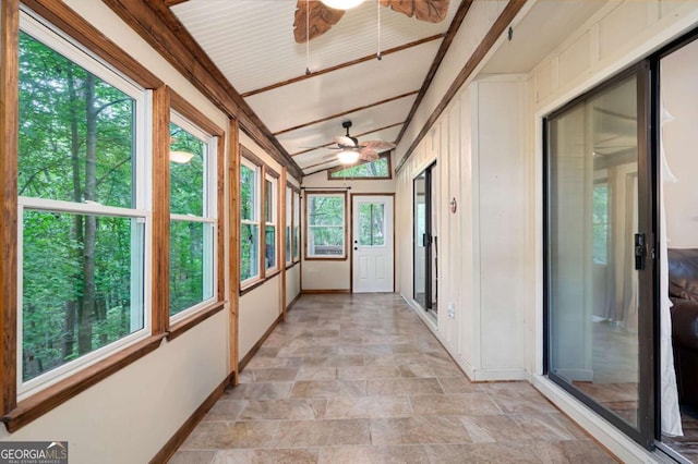 140 Indian Ridge Ct, Waleska, GA 30183 - unfurnished sunroom with a ceiling fan and stone finish flooring