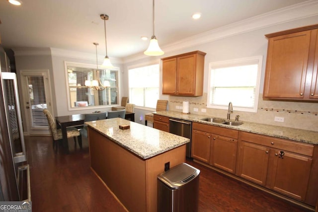 2311 Arnold Palmer Way, Duluth, GA 30096 - kitchen featuring stainless steel dishwasher, a kitchen island, dark wood-style flooring, brown cabinets, and crown molding