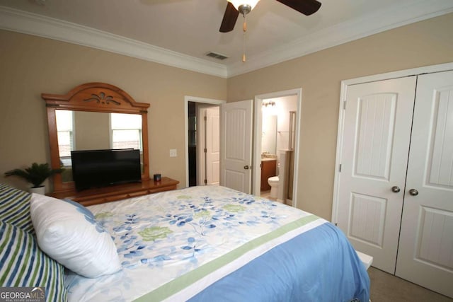 2311 Arnold Palmer Way, Duluth, GA 30096 - bedroom featuring ornamental molding, a closet, connected bathroom, and a ceiling fan