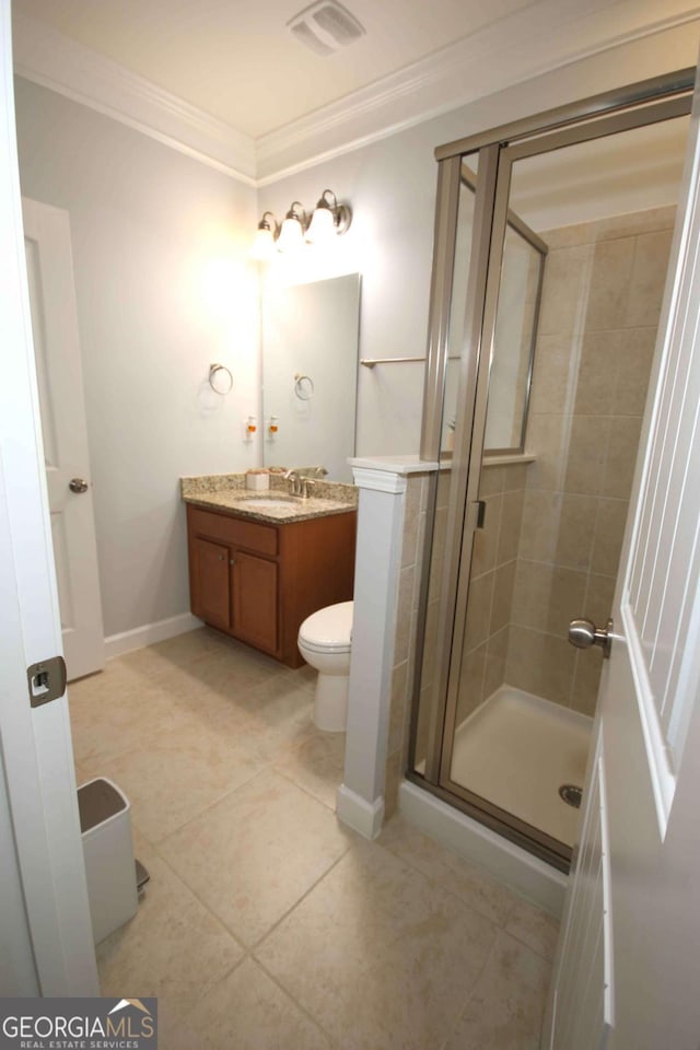 2311 Arnold Palmer Way, Duluth, GA 30096 - bathroom with crown molding, vanity, a stall shower, and tile patterned floors