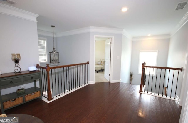 2311 Arnold Palmer Way, Duluth, GA 30096 - hallway featuring an upstairs landing, wood finished floors, crown molding, and recessed lighting