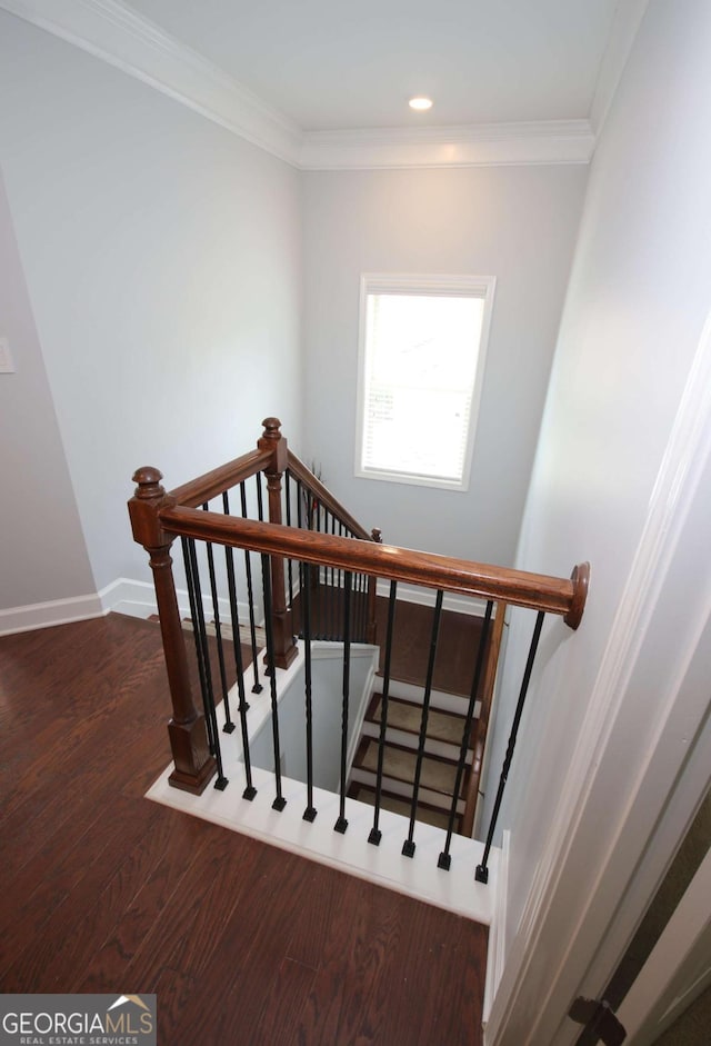 2311 Arnold Palmer Way, Duluth, GA 30096 - stairway with wood finished floors, crown molding, and recessed lighting