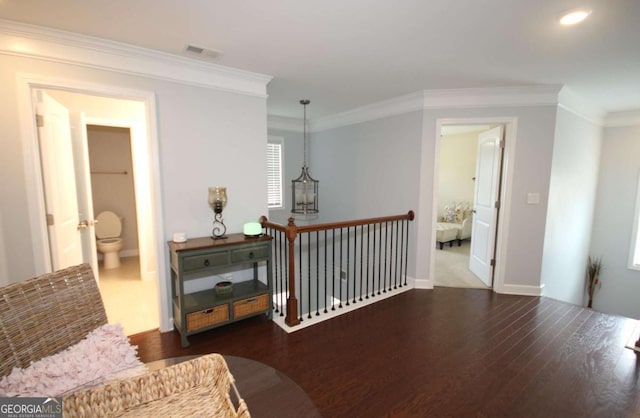 2311 Arnold Palmer Way, Duluth, GA 30096 - hall with wood finished floors, ornamental molding, an upstairs landing, and recessed lighting