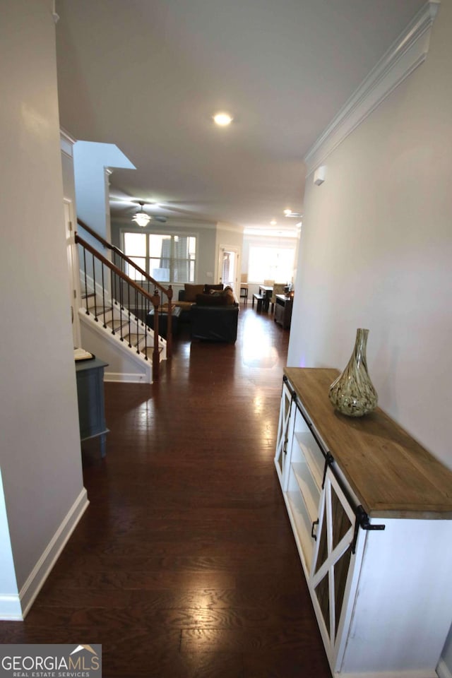 2311 Arnold Palmer Way, Duluth, GA 30096 - corridor featuring stairs, ornamental molding, dark wood-type flooring, and recessed lighting