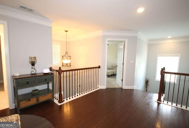 2311 Arnold Palmer Way, Duluth, GA 30096 - hall with an upstairs landing, wood finished floors, crown molding, a chandelier, and recessed lighting