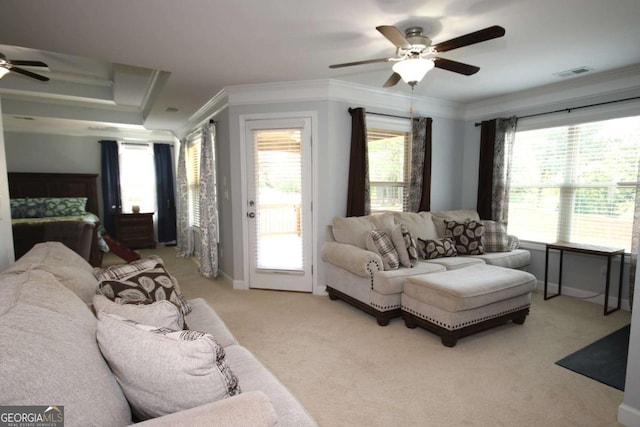 2311 Arnold Palmer Way, Duluth, GA 30096 - living room featuring a ceiling fan, light carpet, and ornamental molding