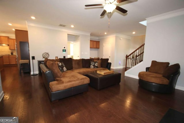 2311 Arnold Palmer Way, Duluth, GA 30096 - living area featuring stairway, ceiling fan, dark wood-type flooring, crown molding, and recessed lighting