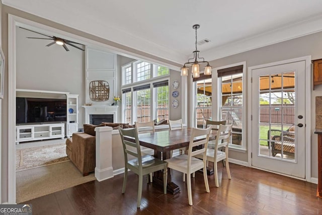 610 Syemore Pass, Canton, GA 30115 - dining space featuring a glass covered fireplace, dark wood-type flooring, a ceiling fan, and crown molding