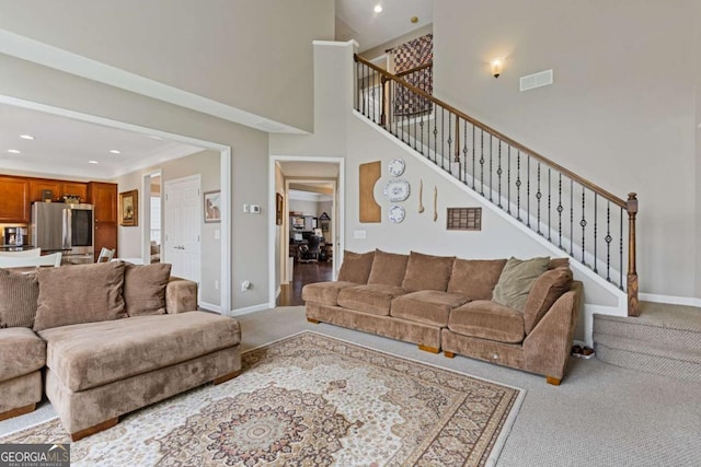 610 Syemore Pass, Canton, GA 30115 - living area featuring carpet flooring, stairs, and recessed lighting