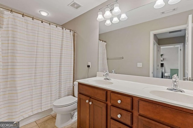 610 Syemore Pass, Canton, GA 30115 - full bath featuring tile patterned flooring, double vanity, and a shower with shower curtain