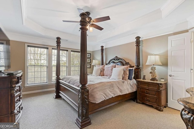 610 Syemore Pass, Canton, GA 30115 - bedroom with a tray ceiling, light colored carpet, ornamental molding, and ceiling fan