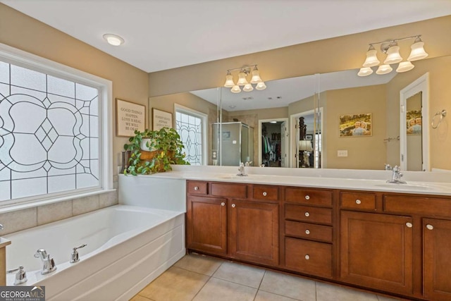 610 Syemore Pass, Canton, GA 30115 - bathroom featuring a chandelier, tile patterned floors, a shower stall, and double vanity