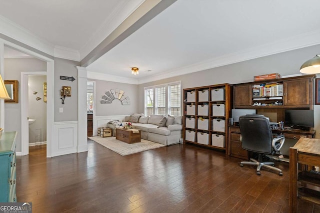 610 Syemore Pass, Canton, GA 30115 - office area with crown molding, dark wood-style floors, and a wainscoted wall