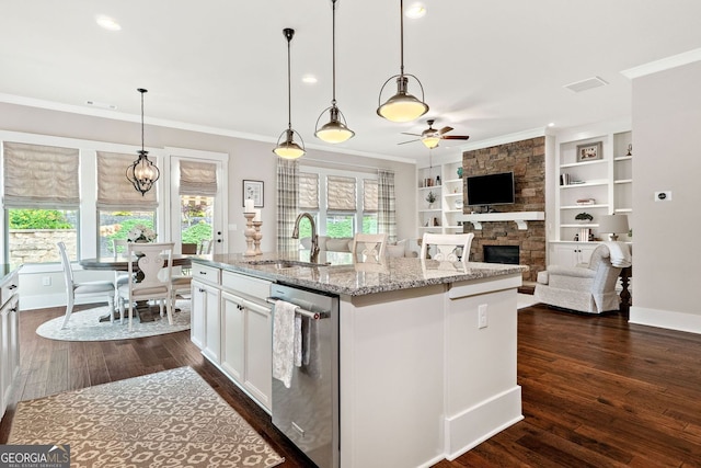 406 Horizon Trl, Canton, GA 30114 - kitchen featuring stainless steel dishwasher, ceiling fan, plenty of natural light, ornamental molding, and a fireplace