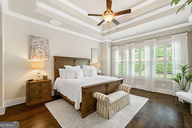 406 Horizon Trl, Canton, GA 30114 - bedroom featuring a tray ceiling, dark wood finished floors, crown molding, and a ceiling fan
