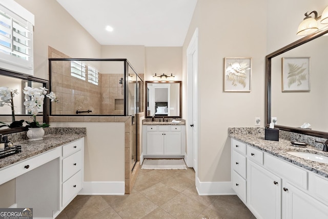 406 Horizon Trl, Canton, GA 30114 - bathroom featuring a stall shower, two vanities, and tile patterned floors