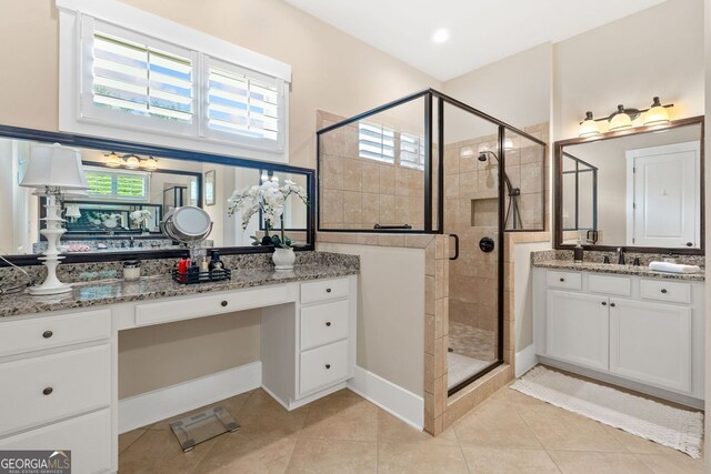 406 Horizon Trl, Canton, GA 30114 - full bath with a shower stall, two vanities, and tile patterned floors