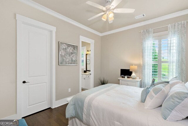 406 Horizon Trl, Canton, GA 30114 - bedroom with dark wood-style floors, ornamental molding, ceiling fan, and ensuite bathroom