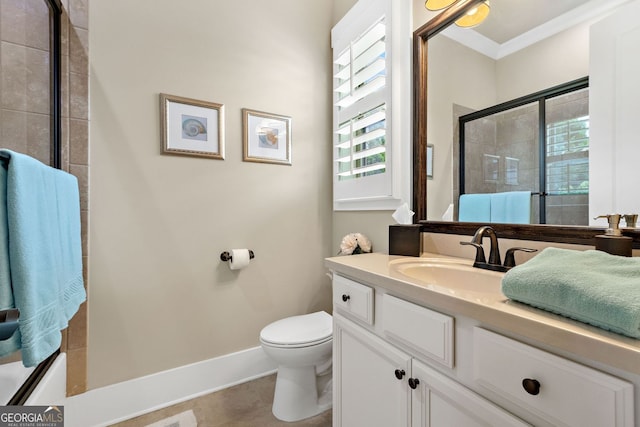 406 Horizon Trl, Canton, GA 30114 - bathroom with vanity, plenty of natural light, a tile shower, tile patterned flooring, and ornamental molding