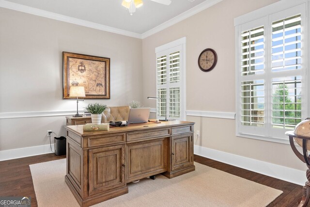 406 Horizon Trl, Canton, GA 30114 - office with wood finished floors, crown molding, and ceiling fan