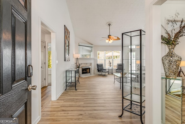 14 Winter Ln, Newnan, GA 30265 - entryway with a ceiling fan, light wood-style floors, and a high end fireplace